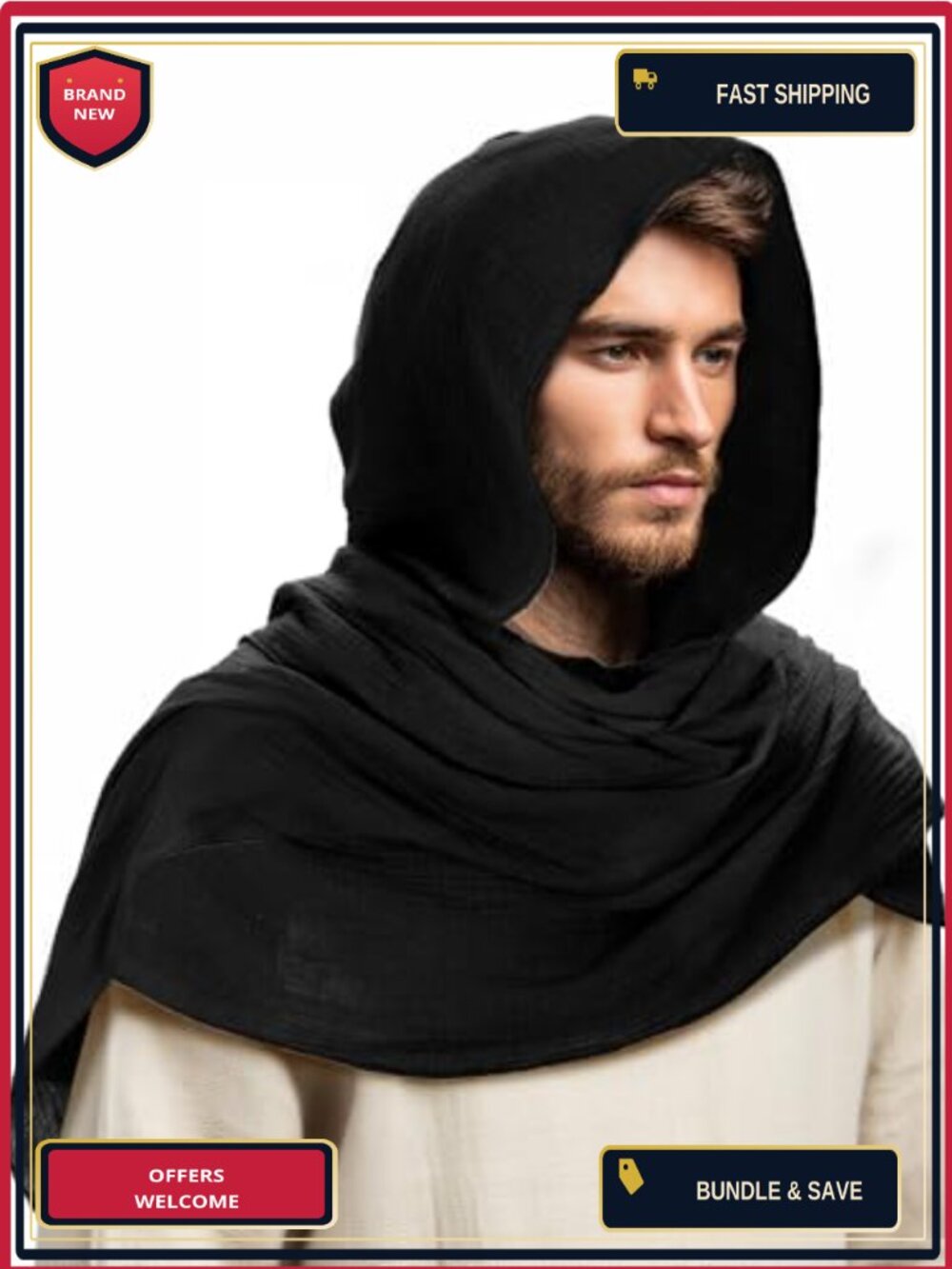 Medieval Renaissance Hooded Shawl Cape Woven Cotton Unisex Cosplay